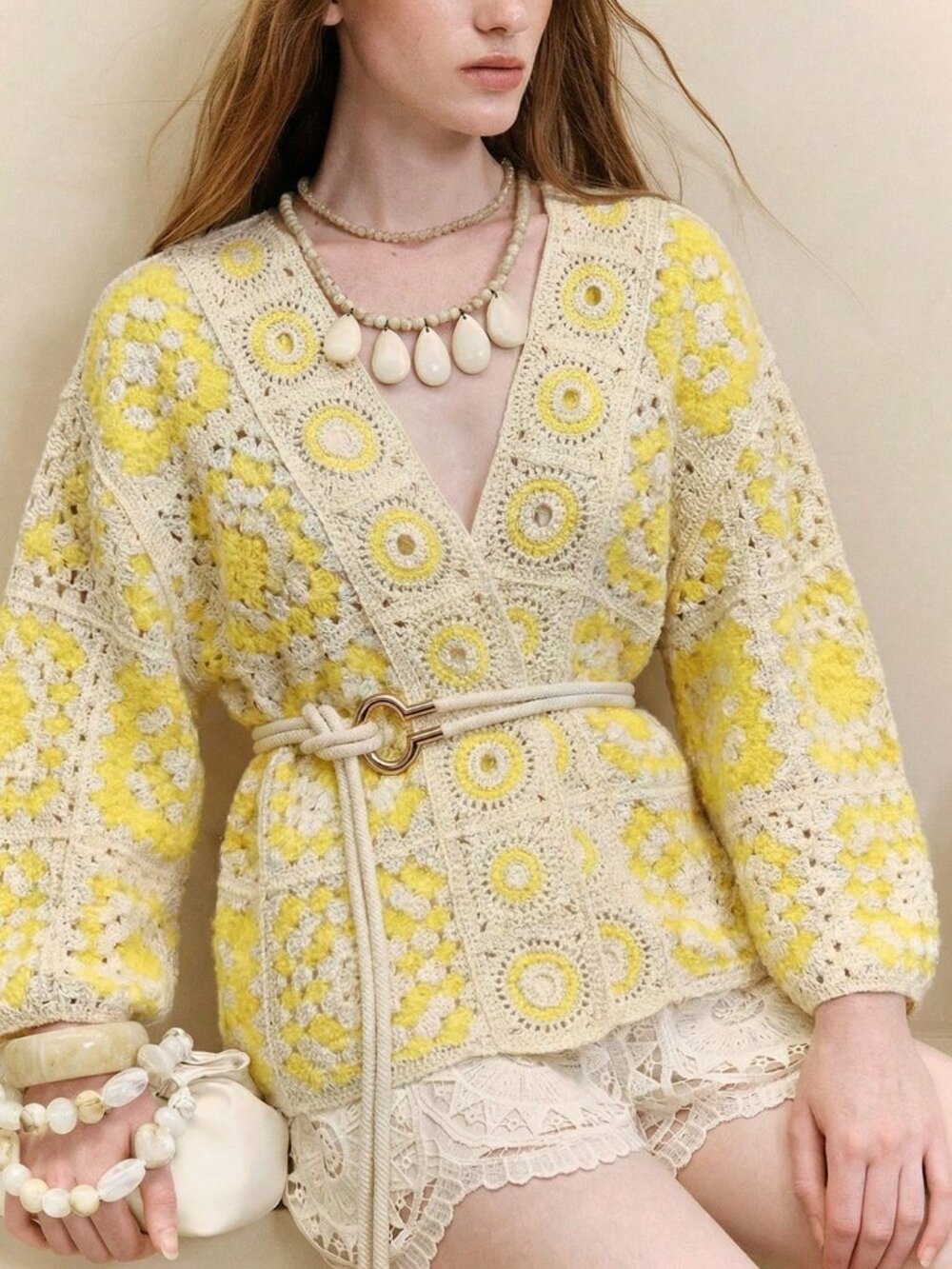 Light Yellow Boho Women's Crochet Geometric Dolman Sleeve Knit Cardigan Top